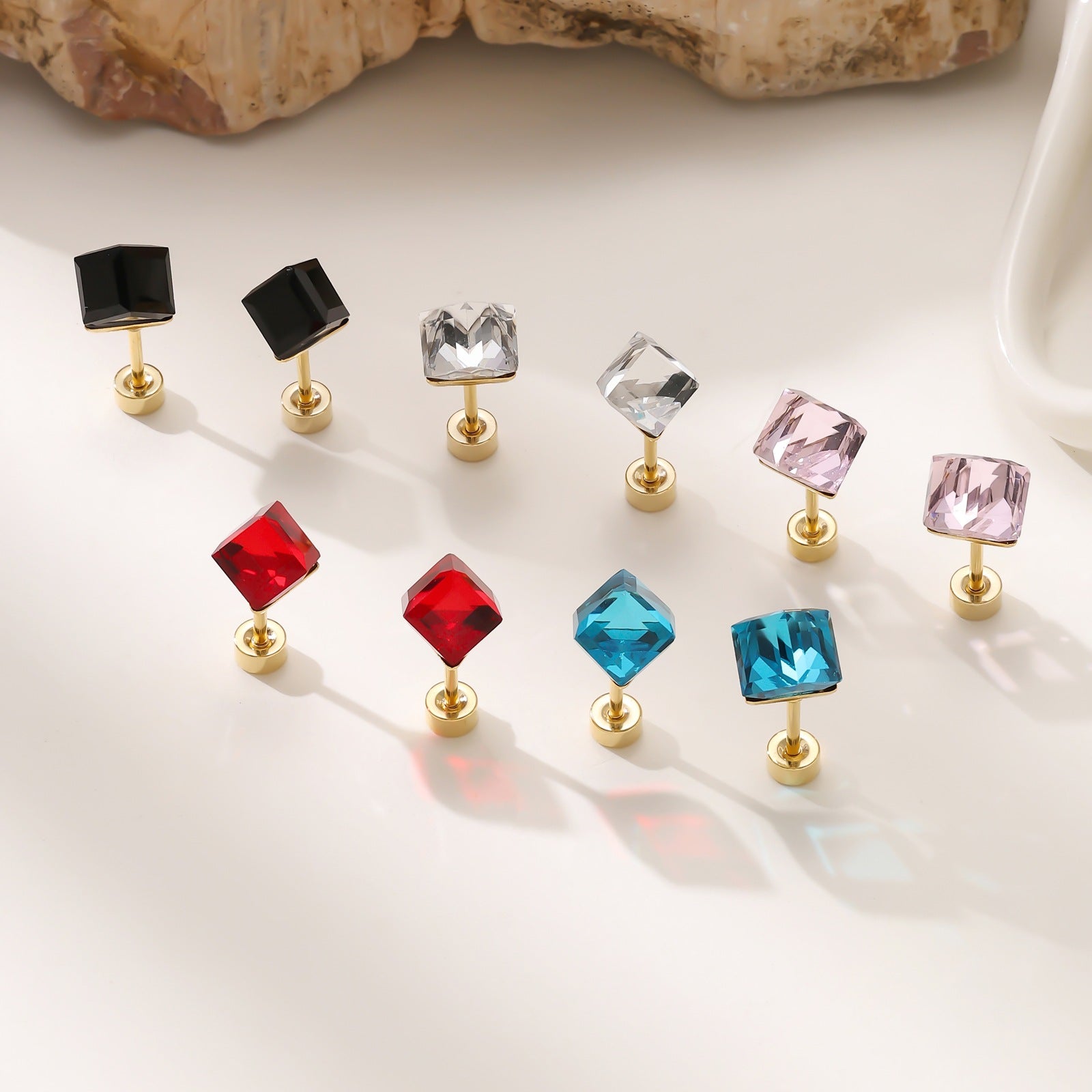 Geometric Zirconia Screw Stud Earrings — 304 Stainless Steel Gold Plated