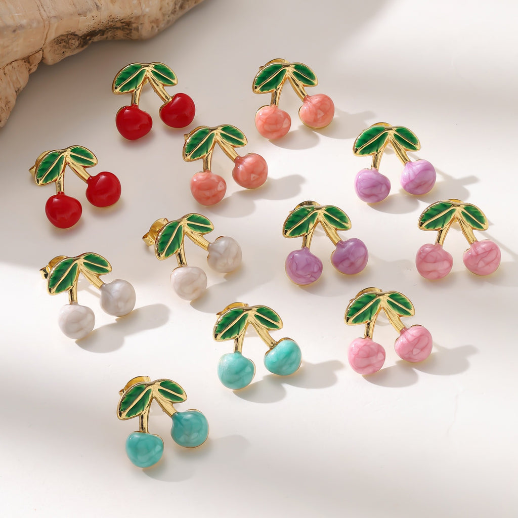 Fruit Cherry 304 Stainless Steel Stud Earrings — 18K Gold Plated