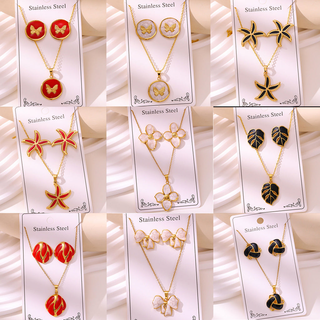 Enamel Stud Earrings & Necklace Set — 304 Stainless Steel Gold Plated