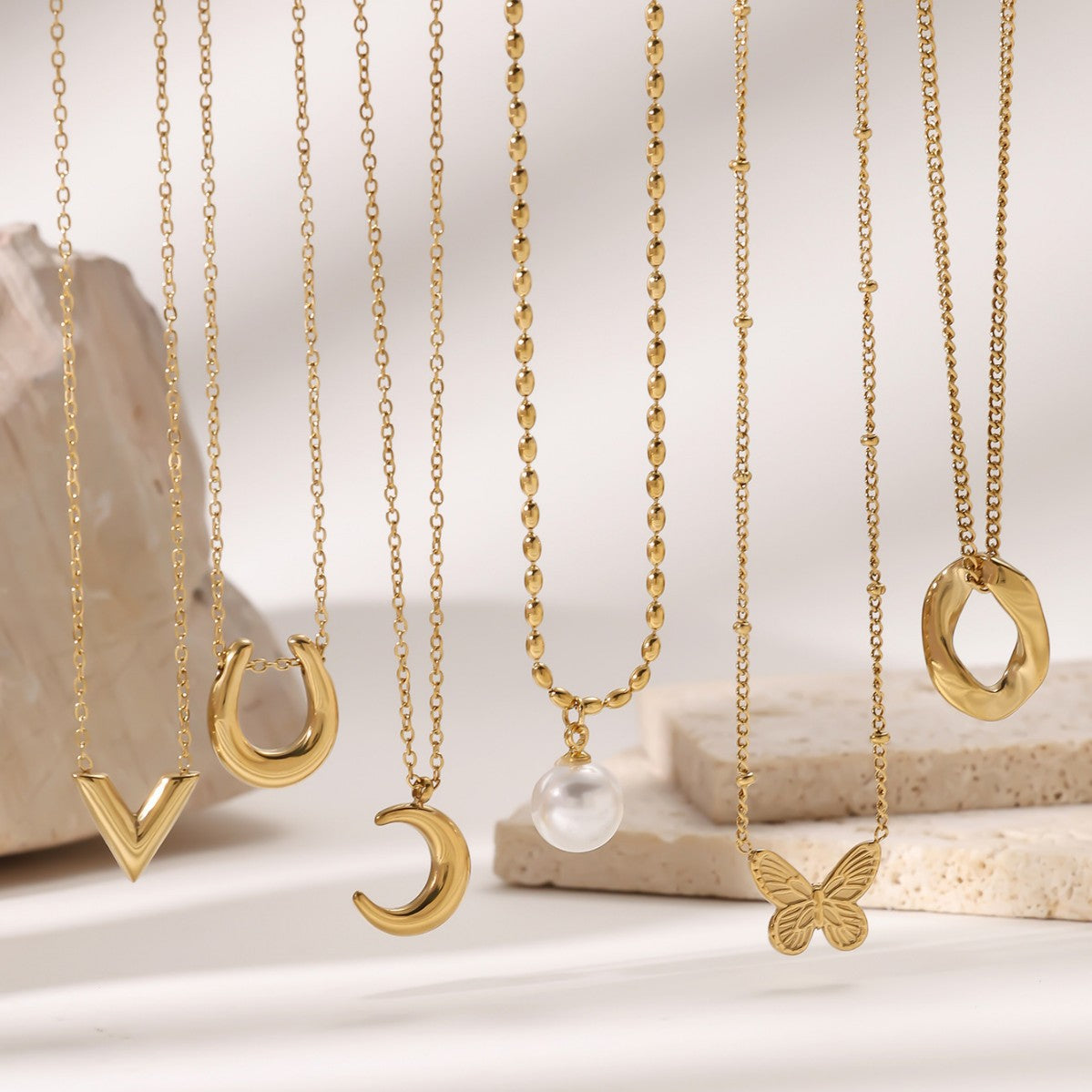 Butterfly Moon Pearl V-Chain Necklace — 18K Gold Plated Titanium Steel