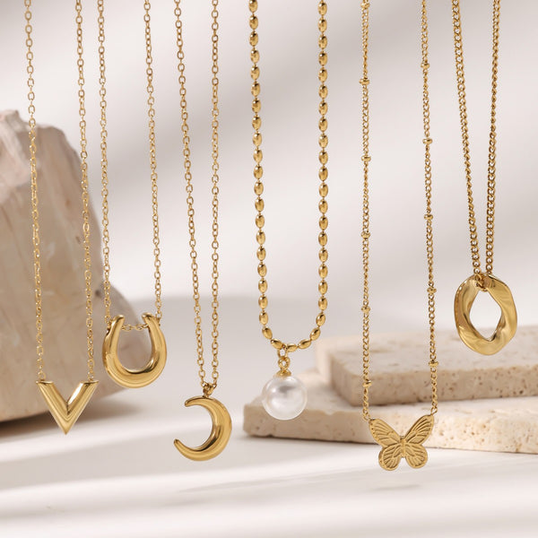 Butterfly Moon Pearl V-Chain Necklace — 18K Gold Plated Titanium Steel