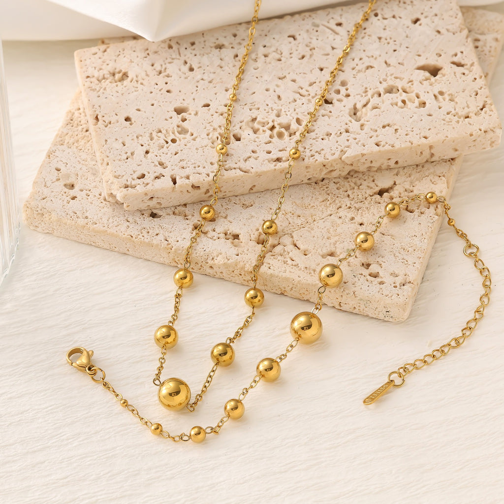 Round Bead Bracelet & Necklace Set — 18K Gold Plated Stainless Steel
