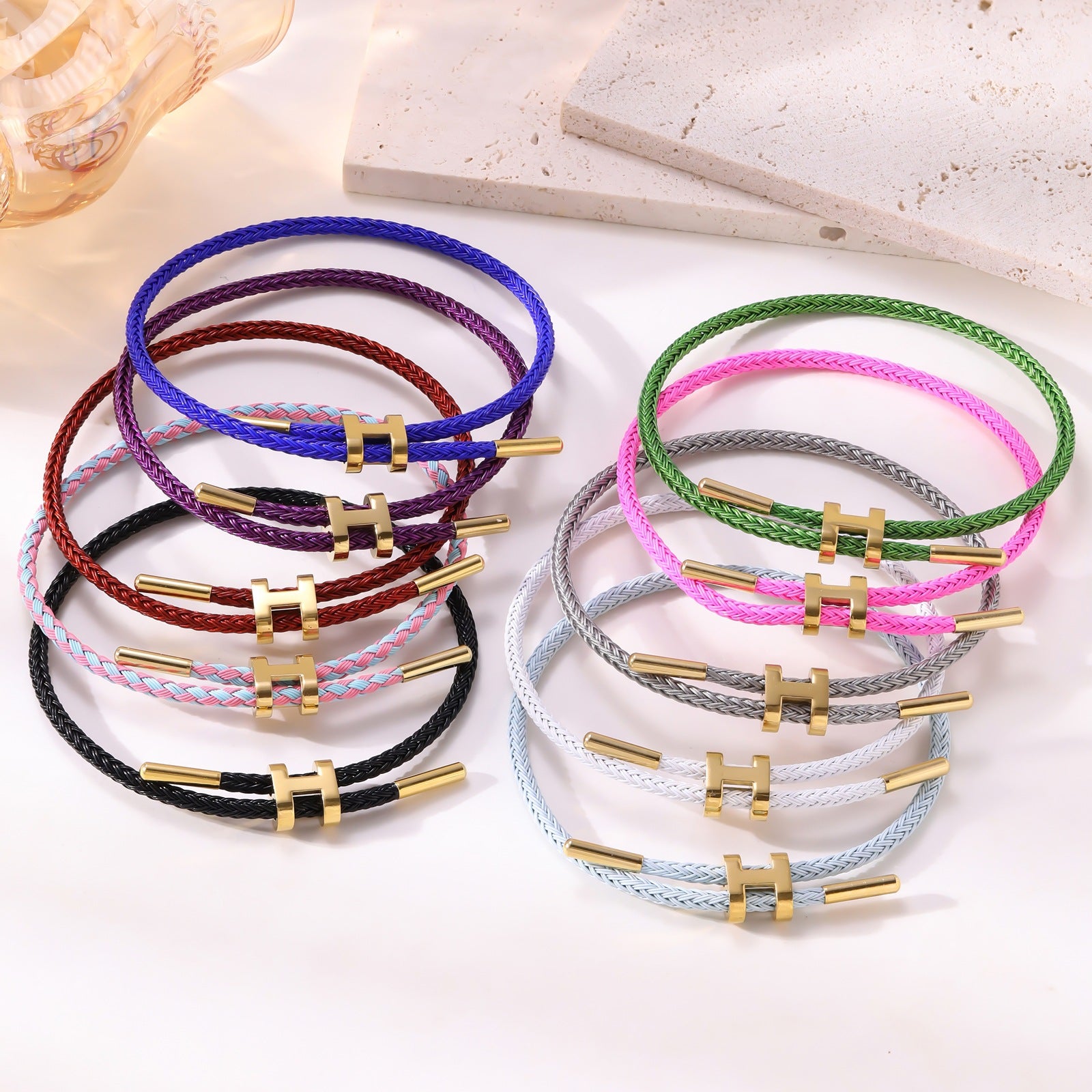 3mm H-Link Steel Wire Rope Bracelet — Adjustable 3D Gold Plated Titanium Steel