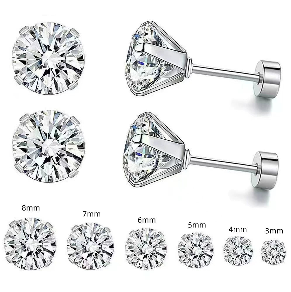 4-Prong Zirconia Stud Earrings — Titanium Steel Spiral Round Ear Cuff