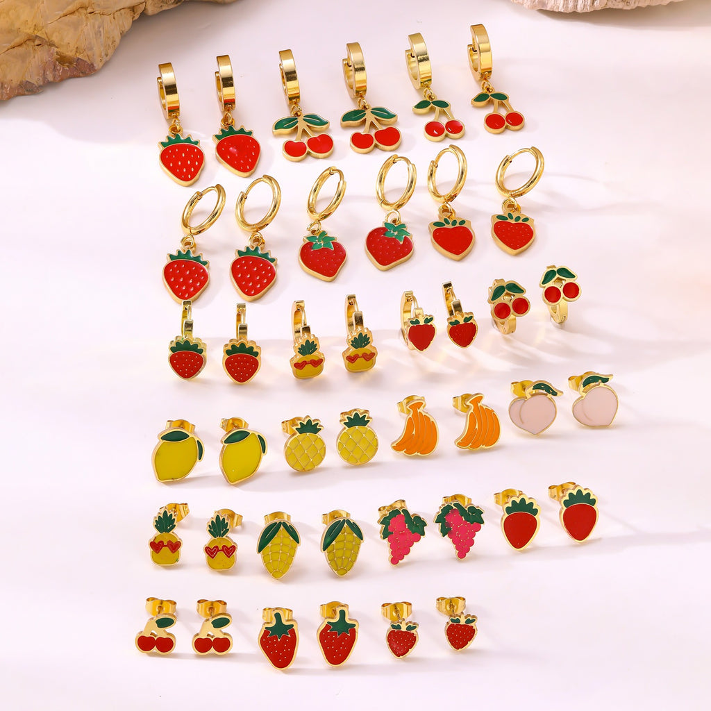 Creative Fruit Strawberry Pineapple Banana Cherry Earrings — Stainless Steel