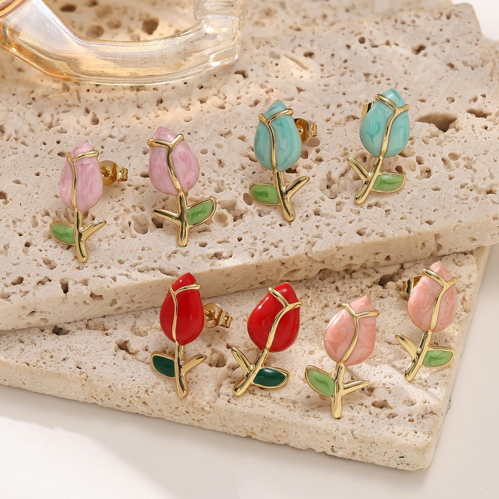 Rose Flower Enamel Stud Earrings — 304 Stainless Steel