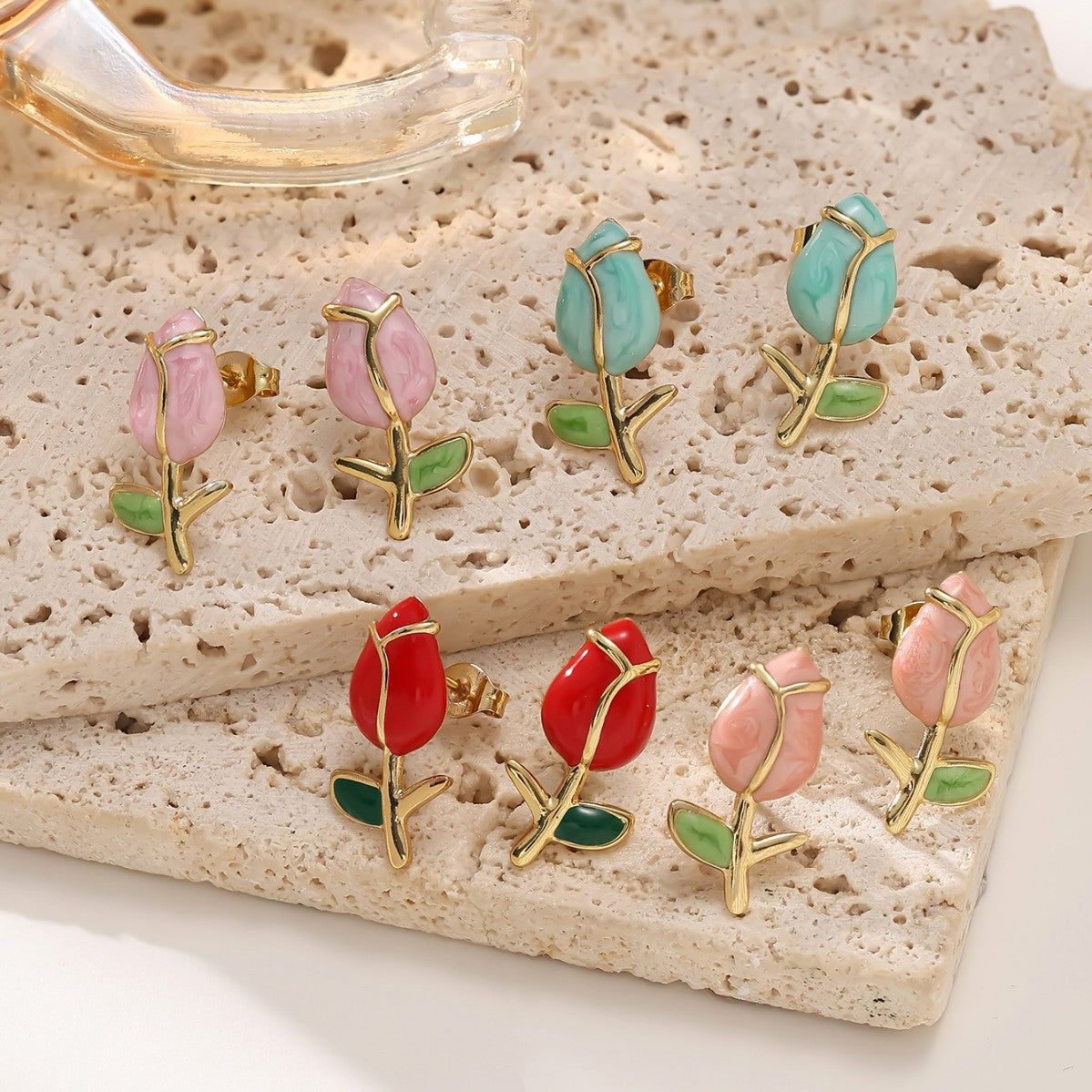 Rose Flower Enamel Stud Earrings — 304 Stainless Steel