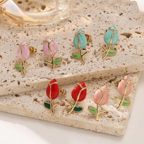 Rose Flower Enamel Stud Earrings — 304 Stainless Steel