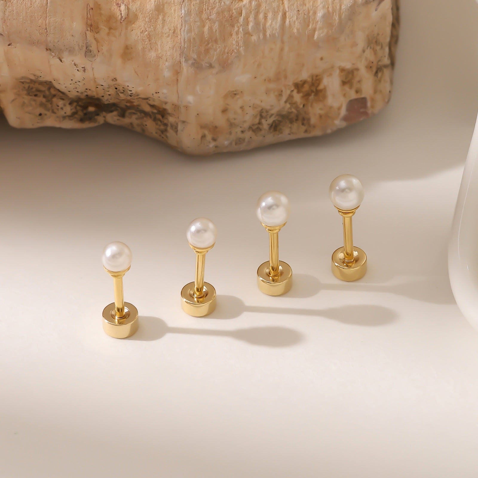 Mini Pearl Screw 304 Stainless Steel Stud Earrings — Real Gold Plated