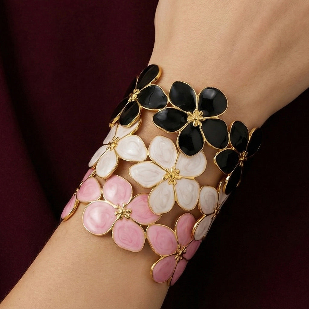 Five-Leaf Flower Enamel C-Shape Open Bangle — 304 Stainless Steel