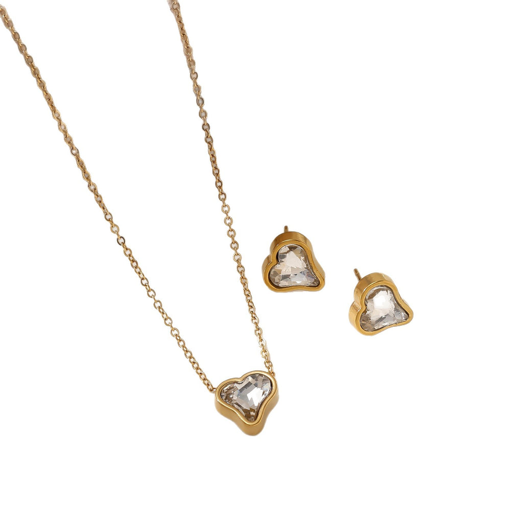 European & American Bow Drop Heart Zirconia Jewelry Set — Stainless Steel Necklace & Earrings