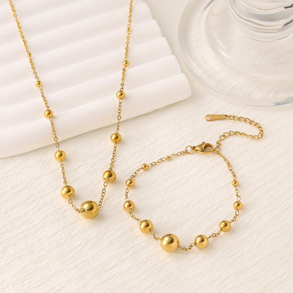 Round Bead Bracelet & Necklace Set — 18K Gold Plated Stainless Steel