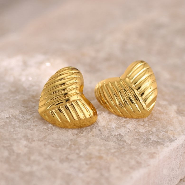 Heart Embossed Stud Earrings — 304 Stainless Steel Vintage