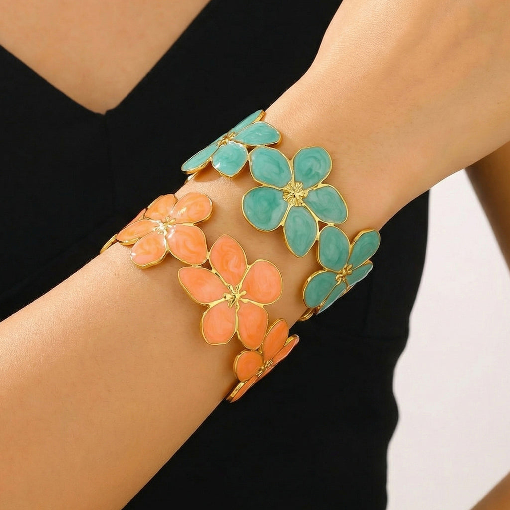 Five-Leaf Flower Enamel C-Shape Open Bangle — 304 Stainless Steel