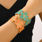 Five-Leaf Flower Enamel C-Shape Open Bangle — 304 Stainless Steel