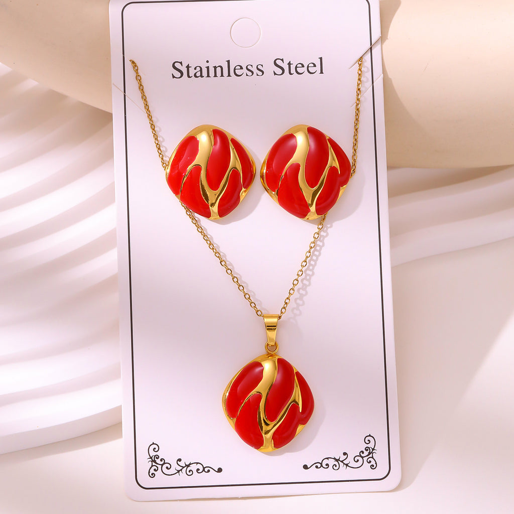 Enamel Stud Earrings & Necklace Set — 304 Stainless Steel Gold Plated