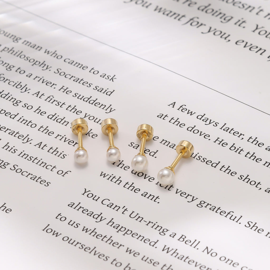 Mini Pearl Screw 304 Stainless Steel Stud Earrings — Real Gold Plated