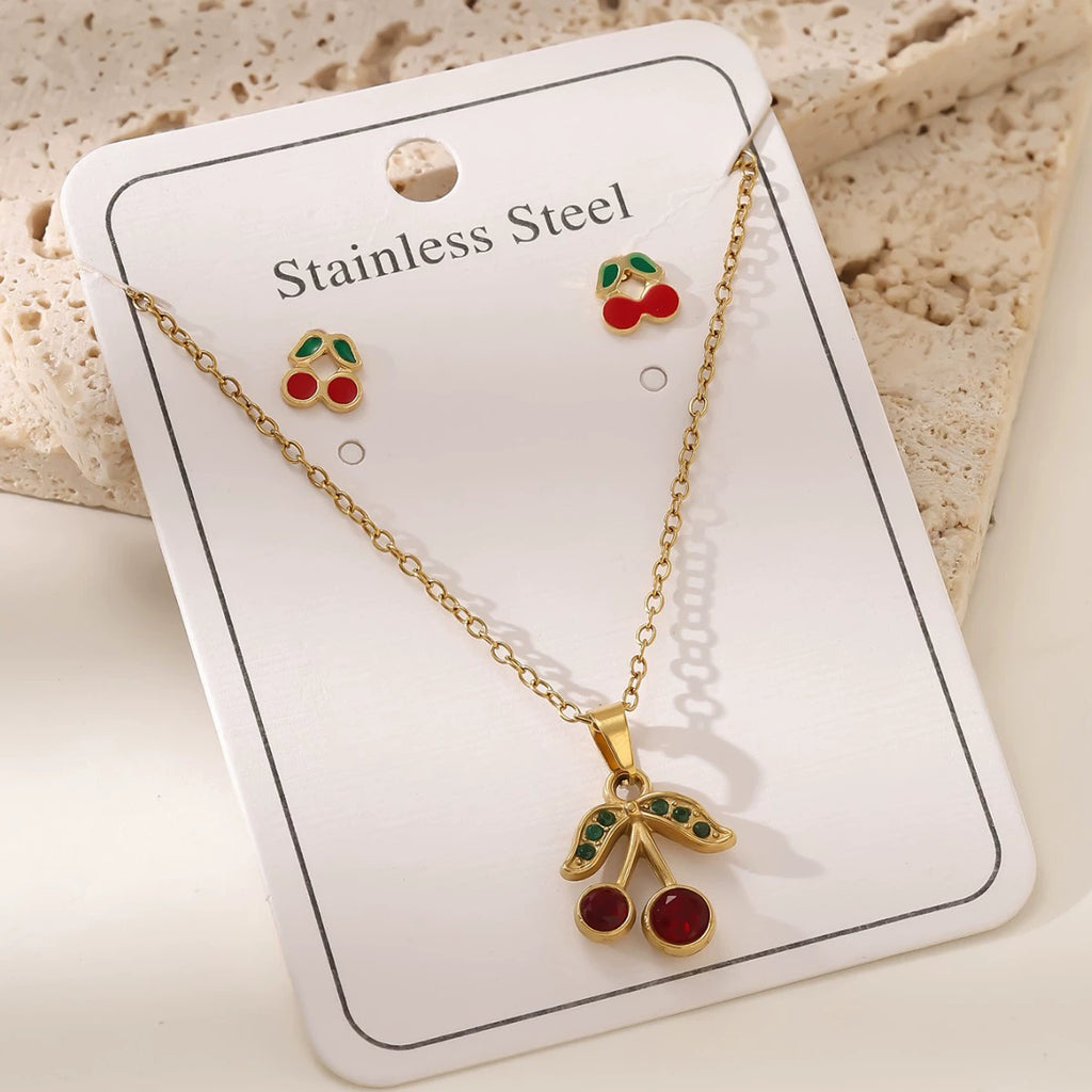Cherry O-Chain Pendant Choker Necklace & Earrings Set — 18K Gold Plated Stainless Steel