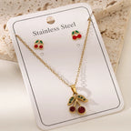 Cherry O-Chain Pendant Choker Necklace & Earrings Set — 18K Gold Plated Stainless Steel