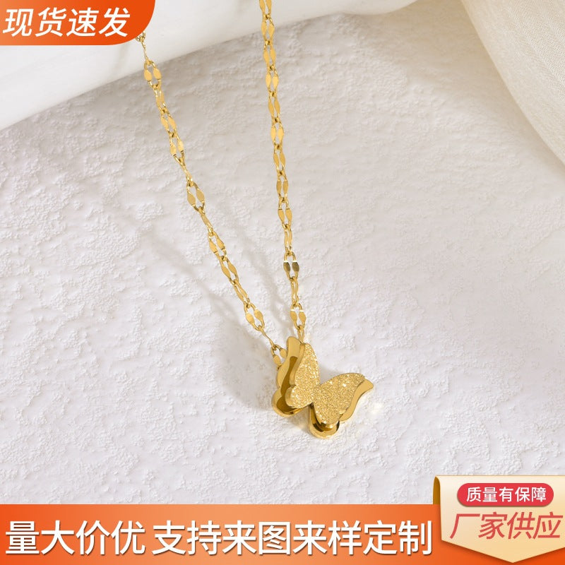 Double-Layer Butterfly Clavicle Necklace — Matte Titanium Steel