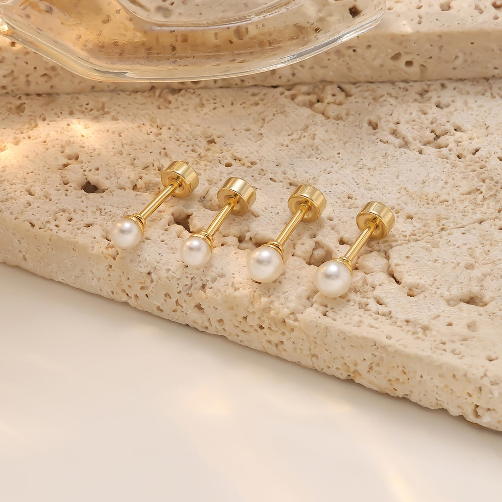 Mini Pearl Screw 304 Stainless Steel Stud Earrings — Real Gold Plated