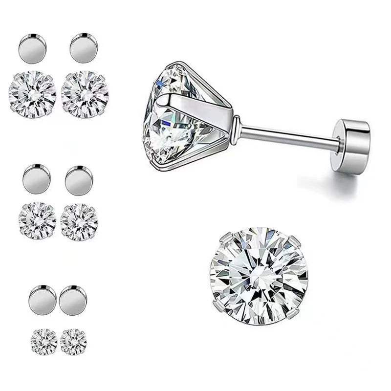 4-Prong Zirconia Stud Earrings — Titanium Steel Spiral Round Ear Cuff