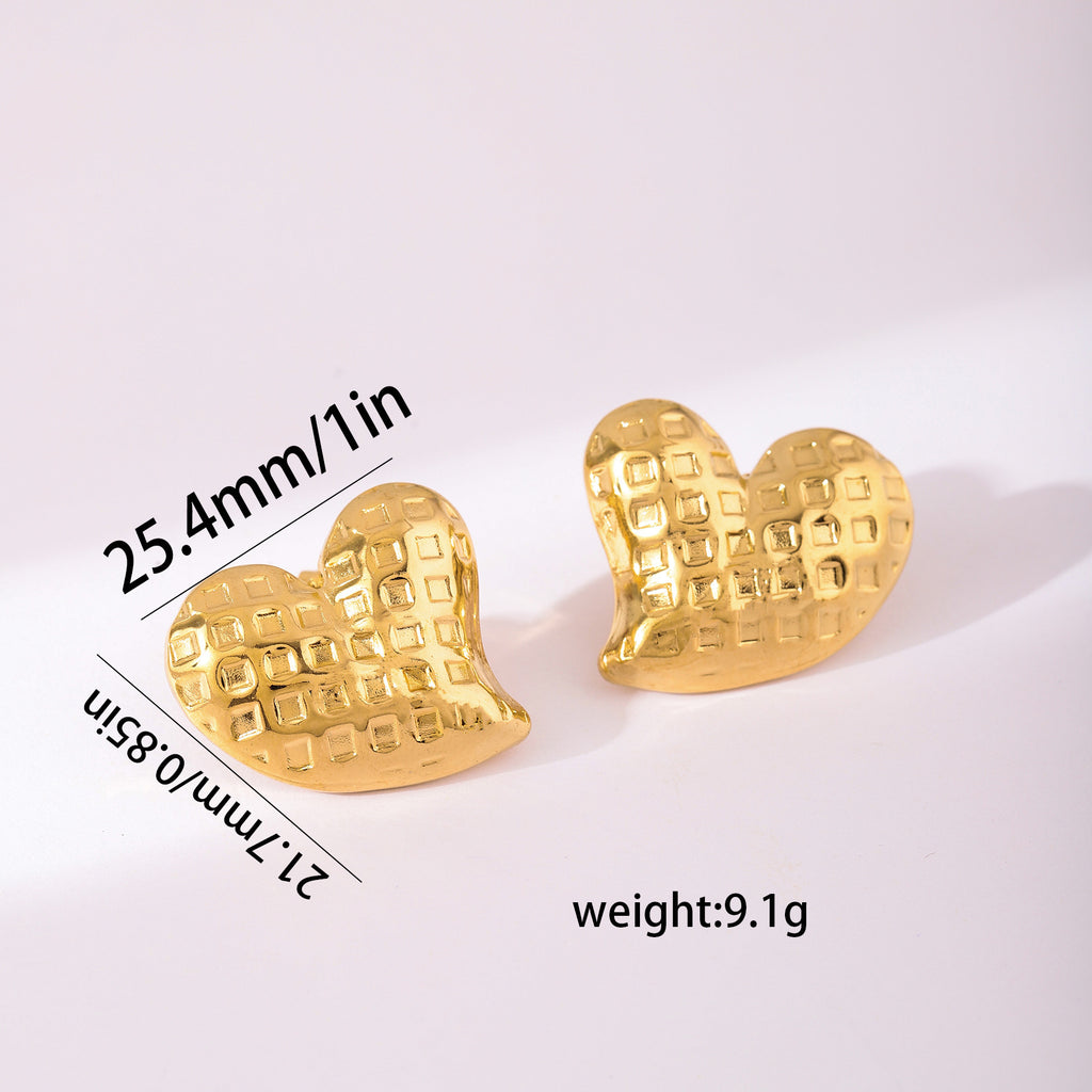 Heart Embossed Stud Earrings — 304 Stainless Steel Vintage