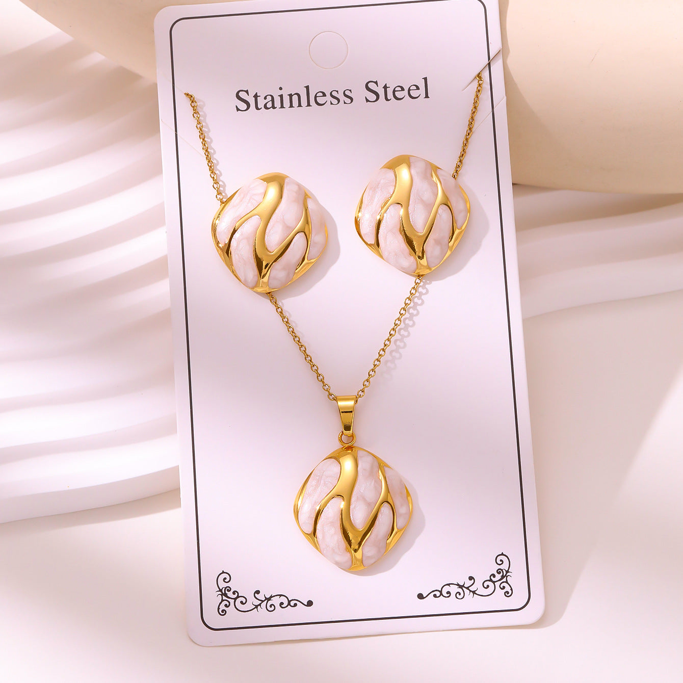 Enamel Stud Earrings & Necklace Set — 304 Stainless Steel Gold Plated