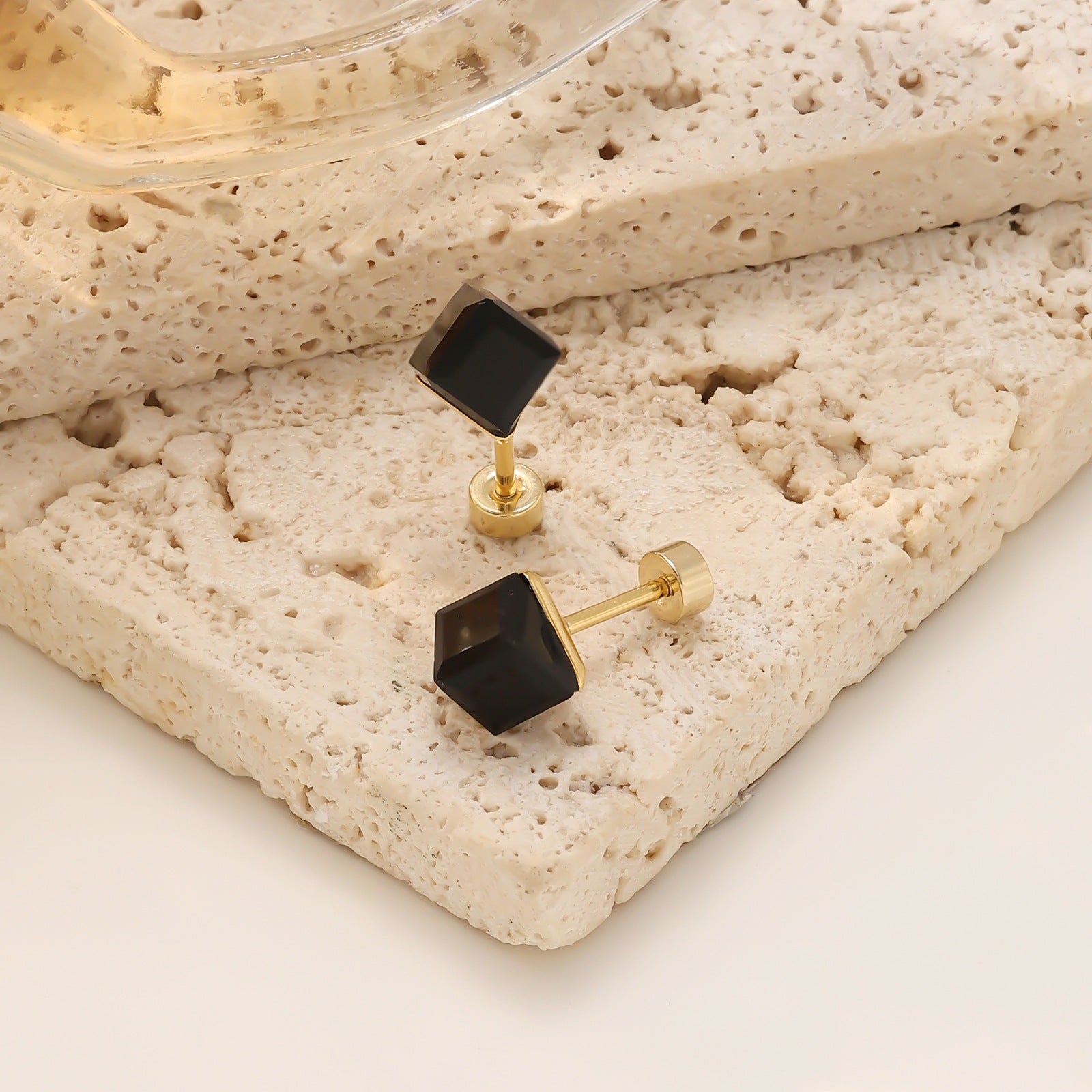 Geometric Zirconia Screw Stud Earrings — 304 Stainless Steel Gold Plated