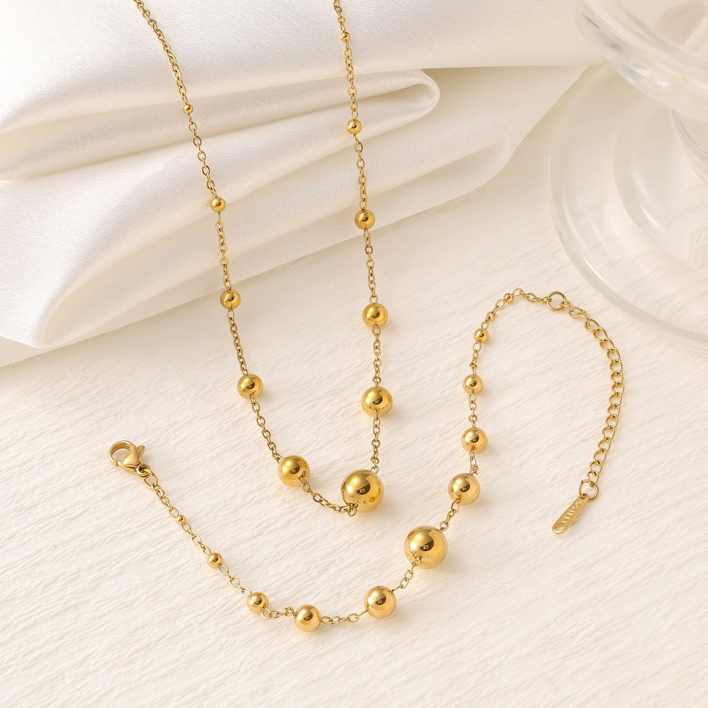 Round Bead Bracelet & Necklace Set — 18K Gold Plated Stainless Steel