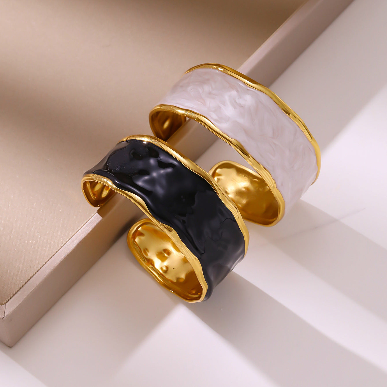 Black & White Enamel C-Shape Open Bangle — French Vintage