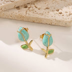 Rose Flower Enamel Stud Earrings — 304 Stainless Steel