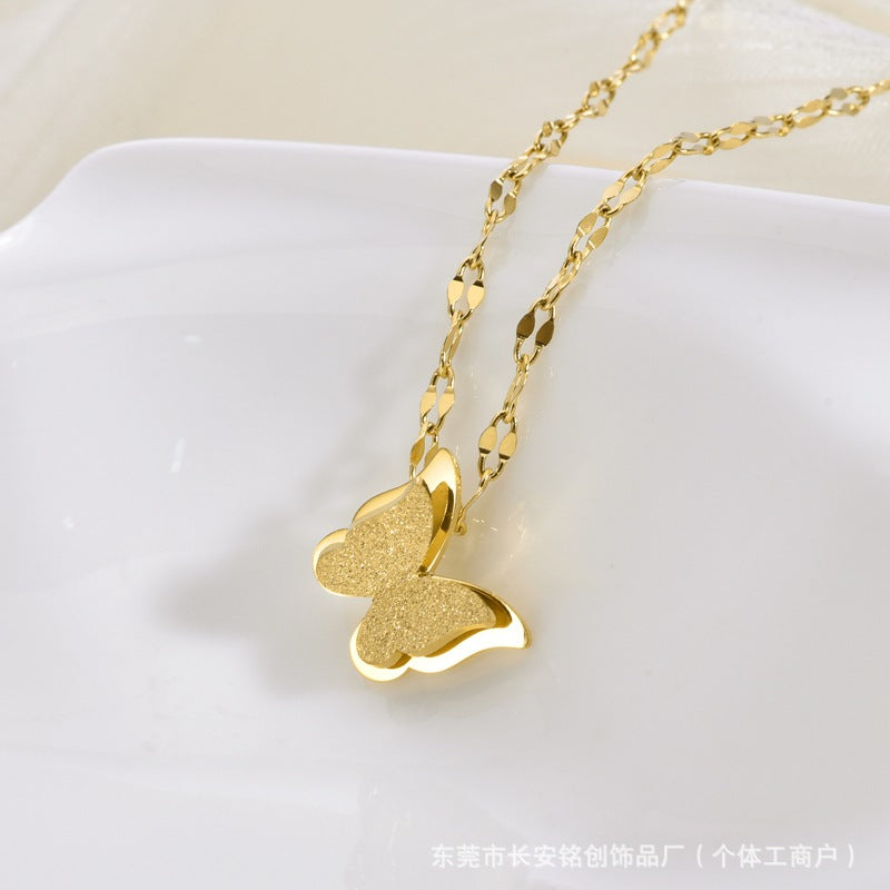 Double-Layer Butterfly Clavicle Necklace — Matte Titanium Steel