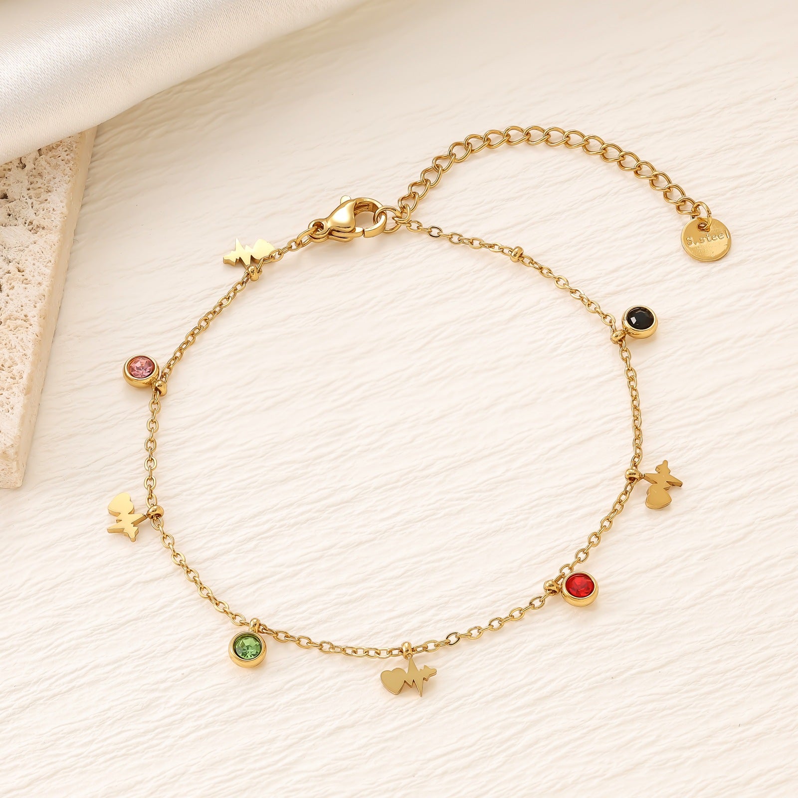 Colorful Zirconia Star Moon Heart Clover Bracelet — 18K Gold Plated Titanium Steel