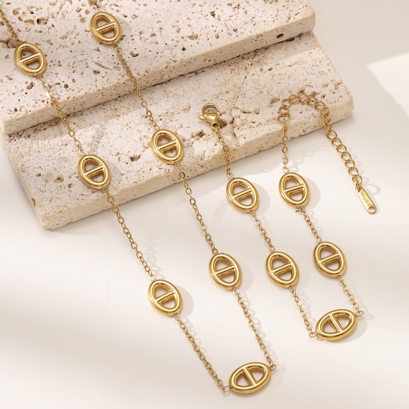 Titanium Steel Bracelet & Necklace Set — 18K Gold Plated Stainless Steel