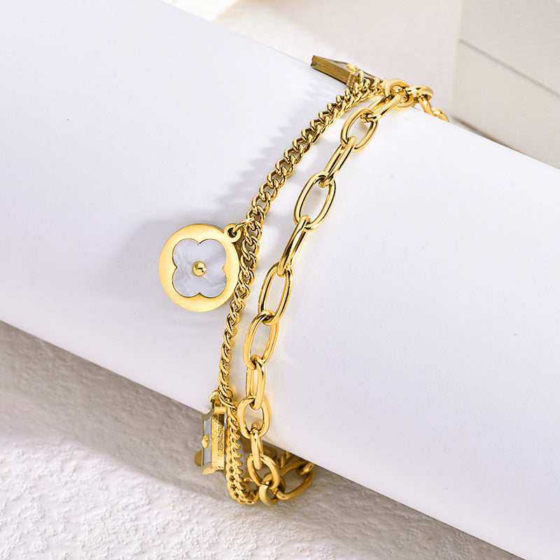 Four-Leaf Clover White Shell Bracelet — 18K Gold Plated Titanium Steel