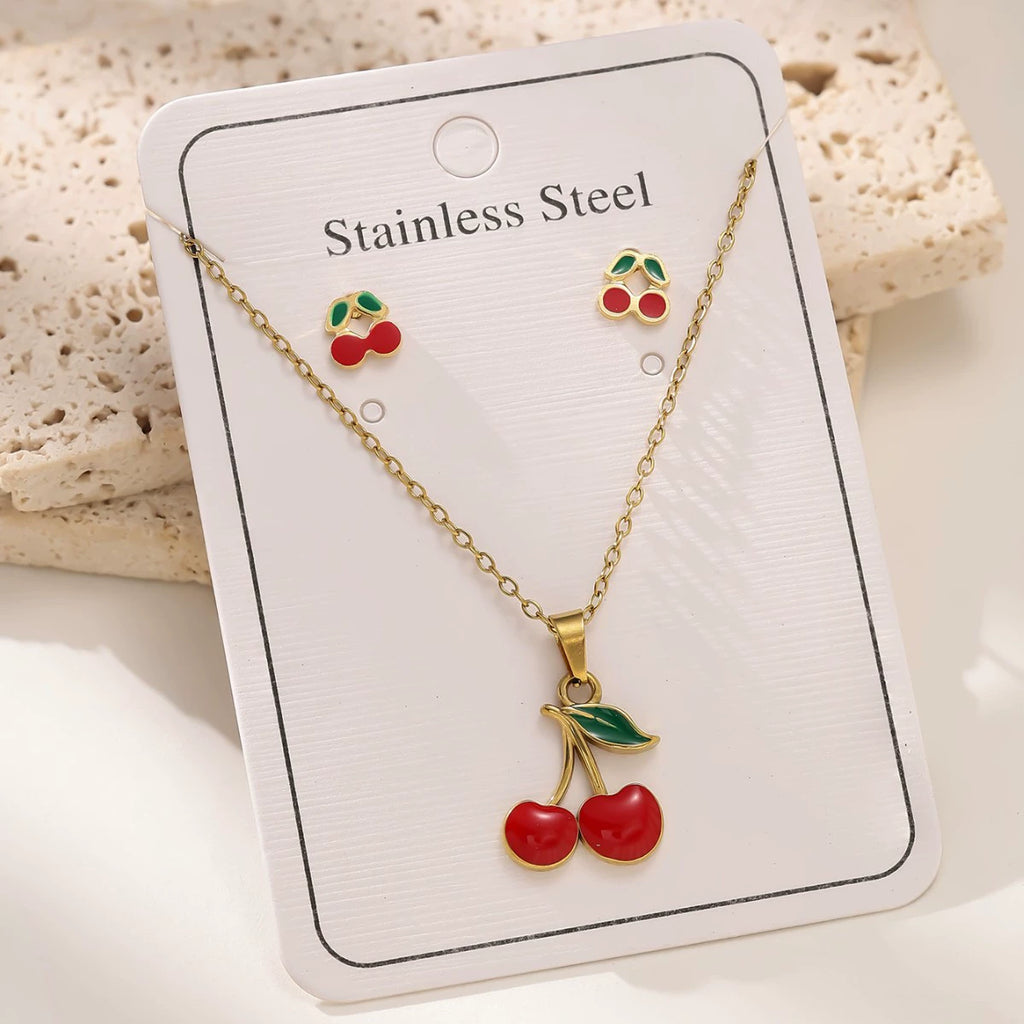 Cherry O-Chain Pendant Choker Necklace & Earrings Set — 18K Gold Plated Stainless Steel
