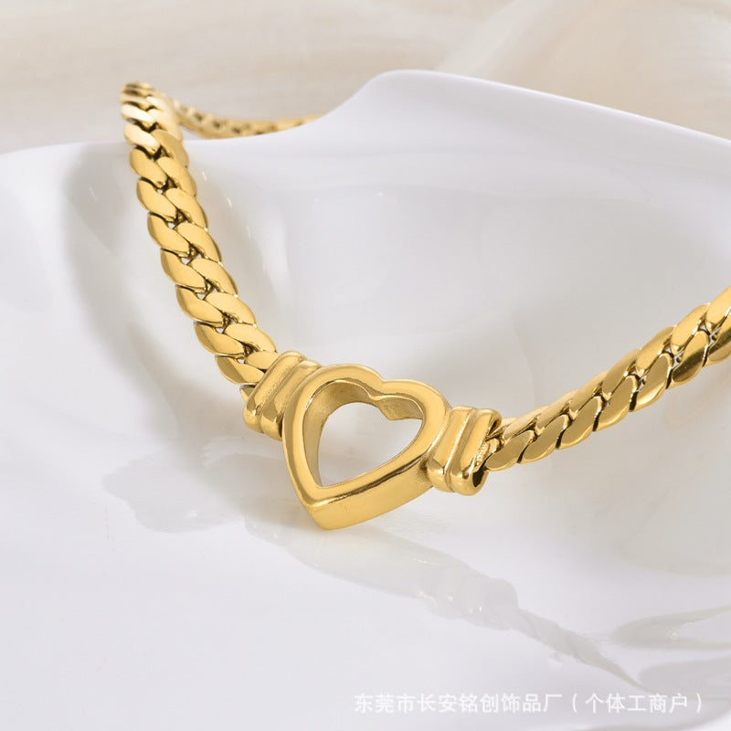 Gold Plated Cuban Chain Heart Necklace & Bracelet Set — Punk Hip-Hop Style