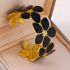 Five-Leaf Flower Enamel C-Shape Open Bangle — 304 Stainless Steel