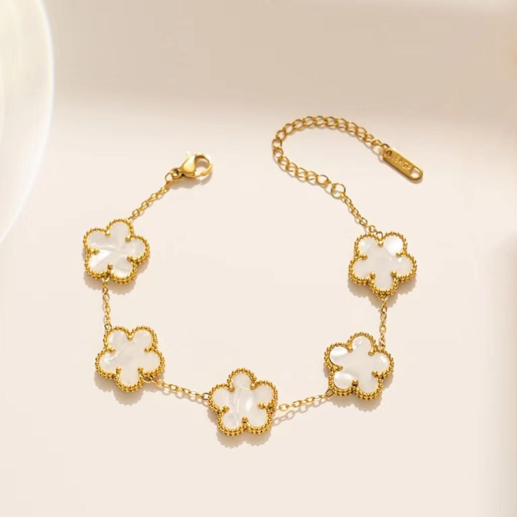 Five-Leaf Flower White Shell Bracelet — 18K Gold Plated Stainless Steel