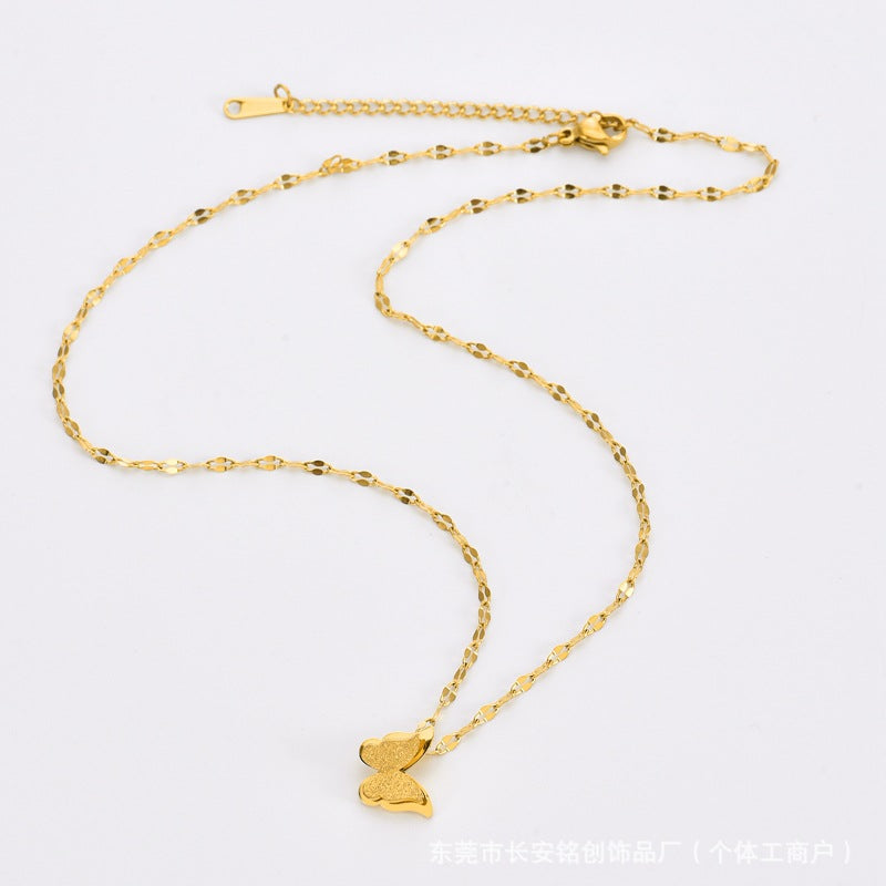 Double-Layer Butterfly Clavicle Necklace — Matte Titanium Steel