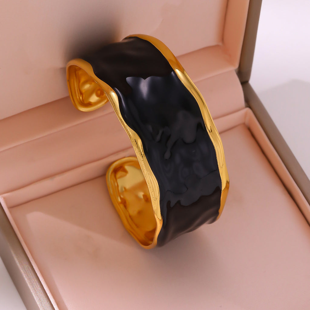 Black & White Enamel C-Shape Open Bangle — French Vintage