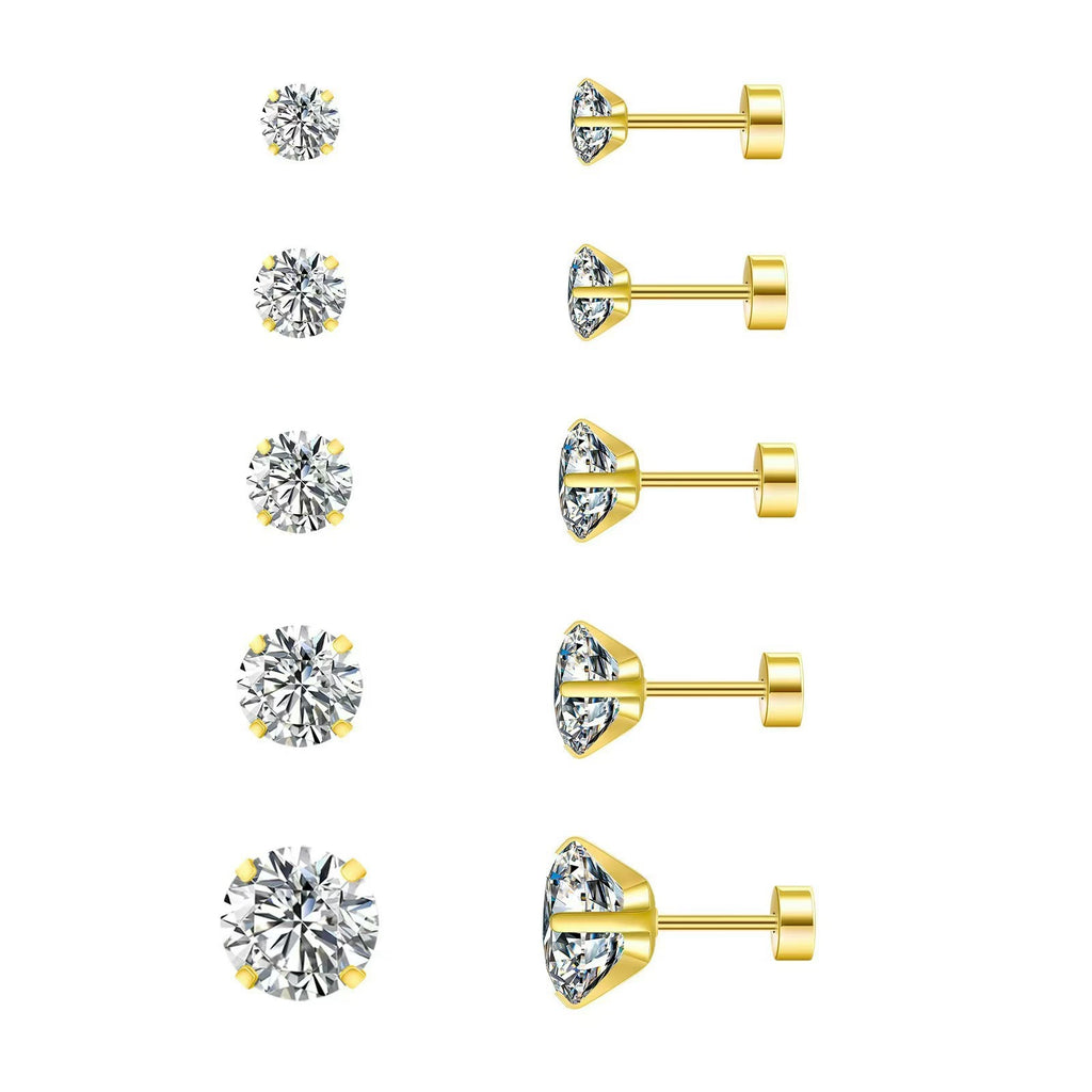 4-Prong Zirconia Stud Earrings — Titanium Steel Spiral Round Ear Cuff