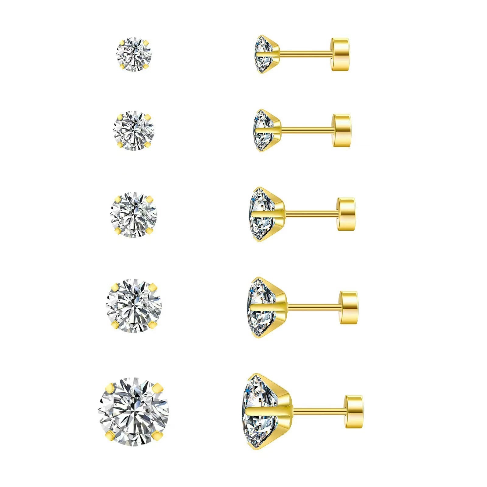 4-Prong Zirconia Stud Earrings — Titanium Steel Spiral Round Ear Cuff