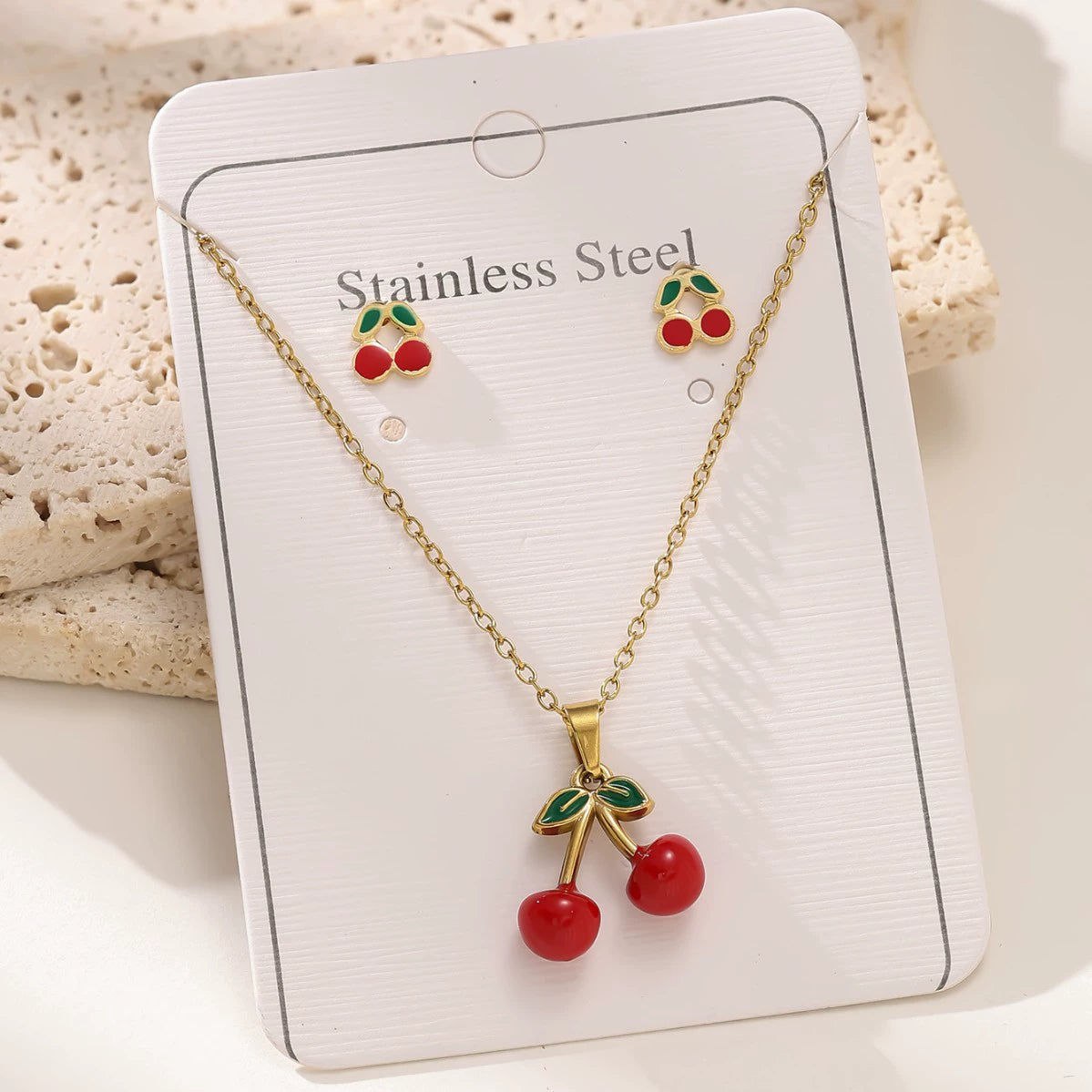 Cherry O-Chain Pendant Choker Necklace & Earrings Set — 18K Gold Plated Stainless Steel