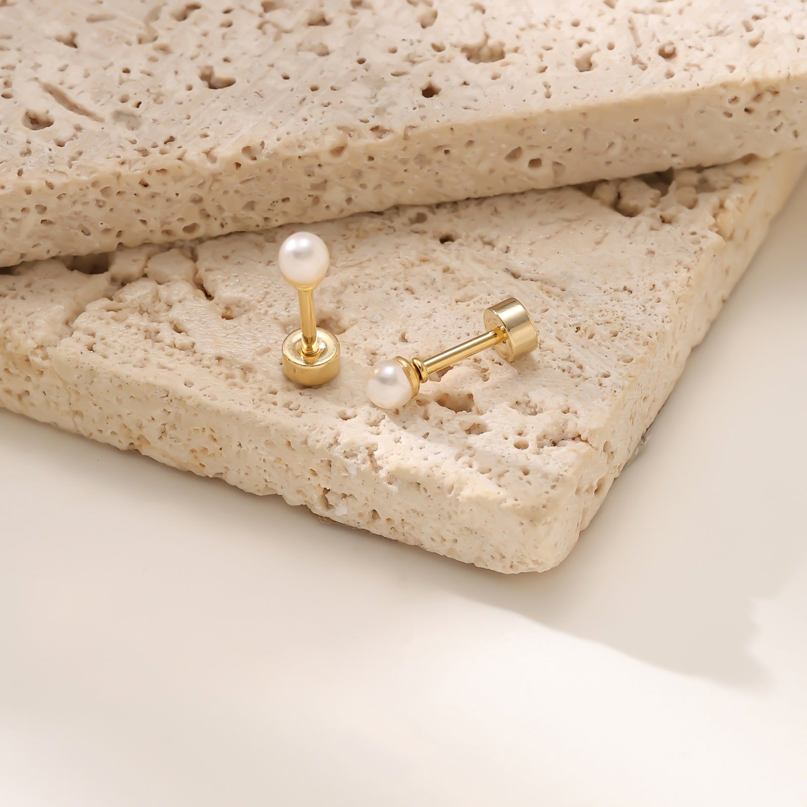 Mini Pearl Screw 304 Stainless Steel Stud Earrings — Real Gold Plated