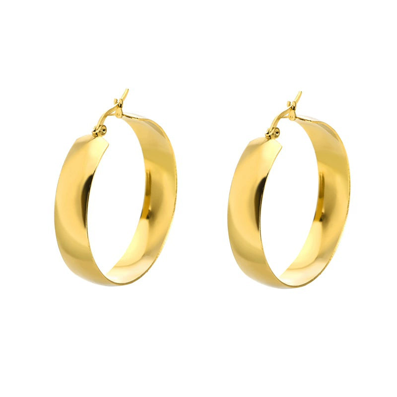 Round Minimalist Stainless Steel Earrings — Polished Wide Arc Metal Earrings