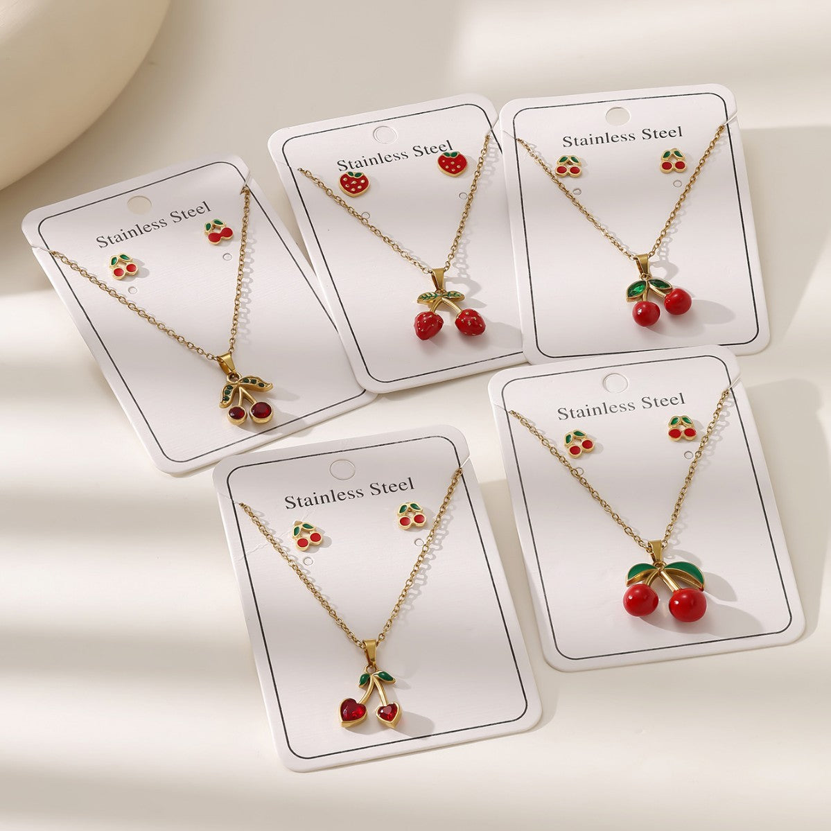 European & American Bow Drop Heart Zirconia Jewelry Set — Stainless Steel Necklace & Earrings