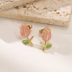 Rose Flower Enamel Stud Earrings — 304 Stainless Steel