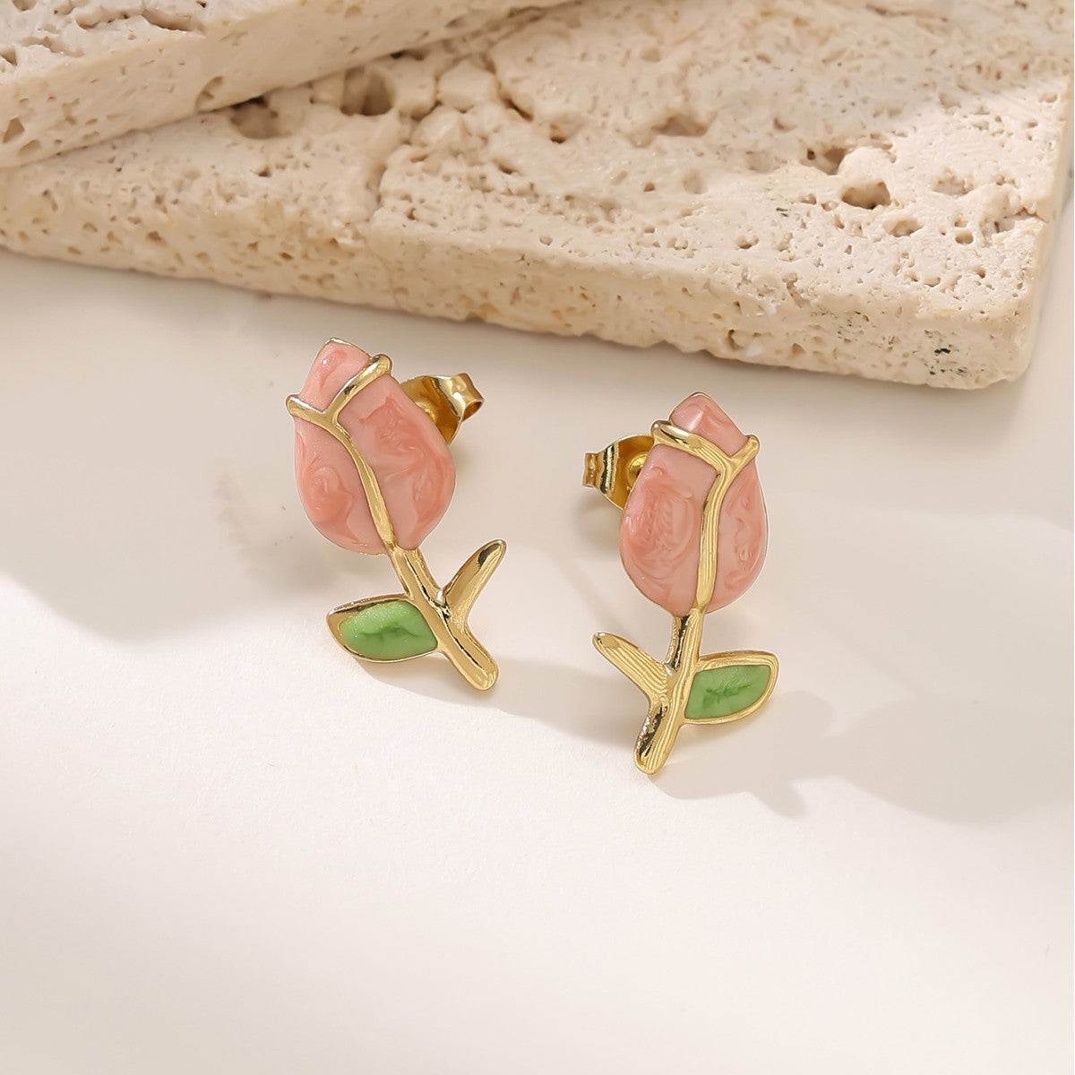 Rose Flower Enamel Stud Earrings — 304 Stainless Steel